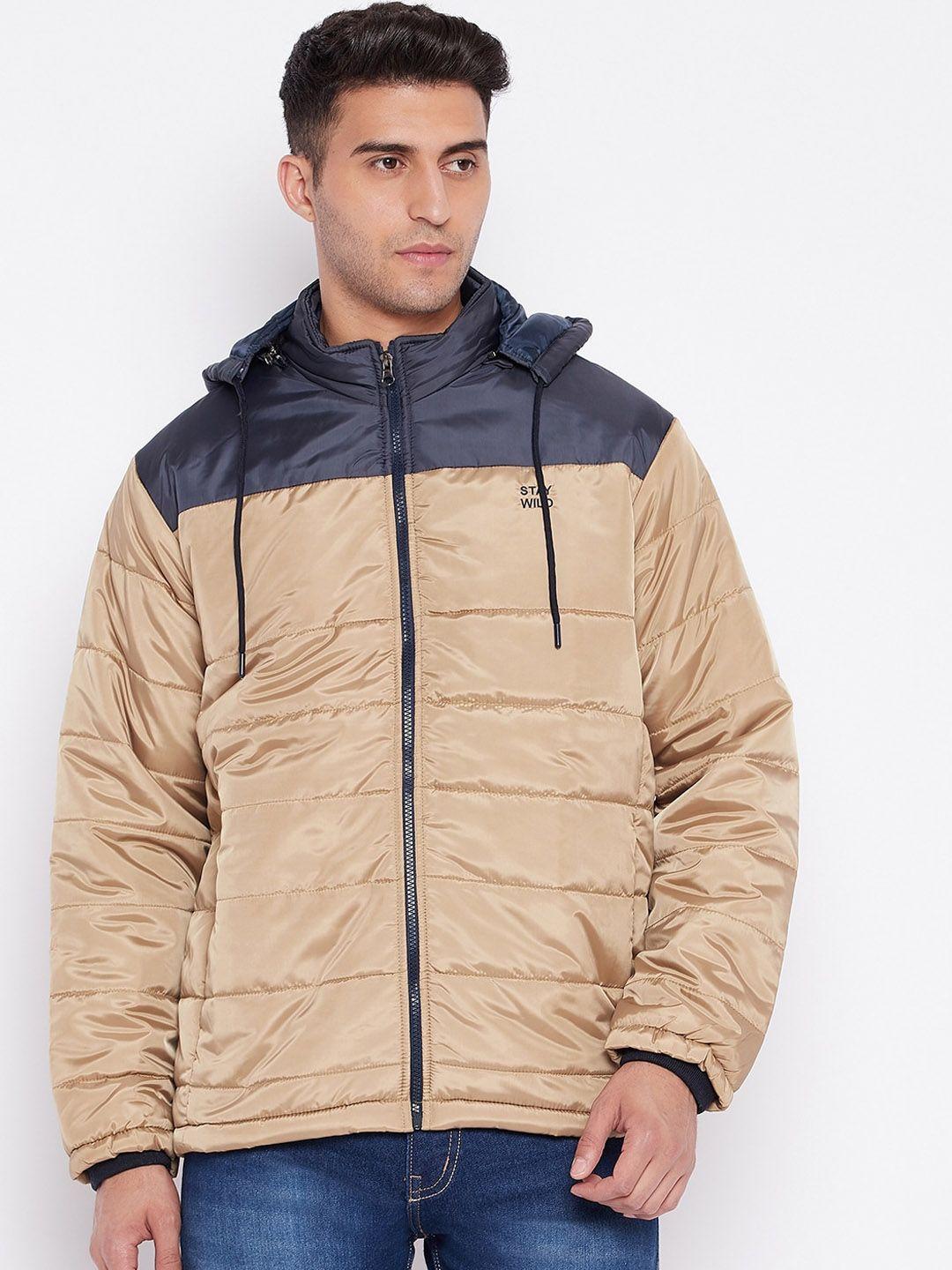 cantabil men hooded colourblocked lightweight woven quilted jacket