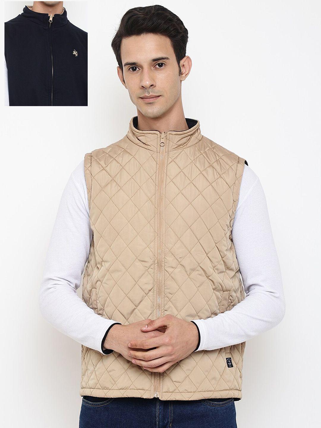 cantabil men khaki & navy blue reversible quilted jacket