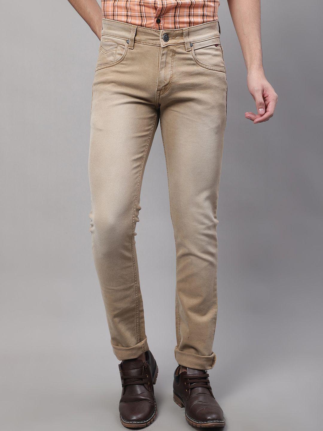 cantabil men khaki low distress stretchable jeans