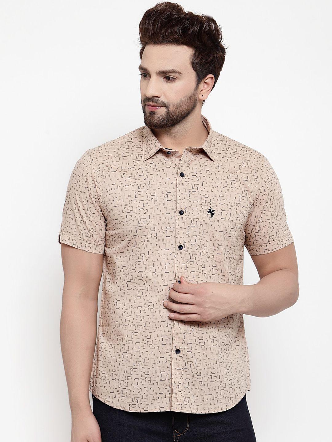 cantabil men khaki slim fit printed casual shirt