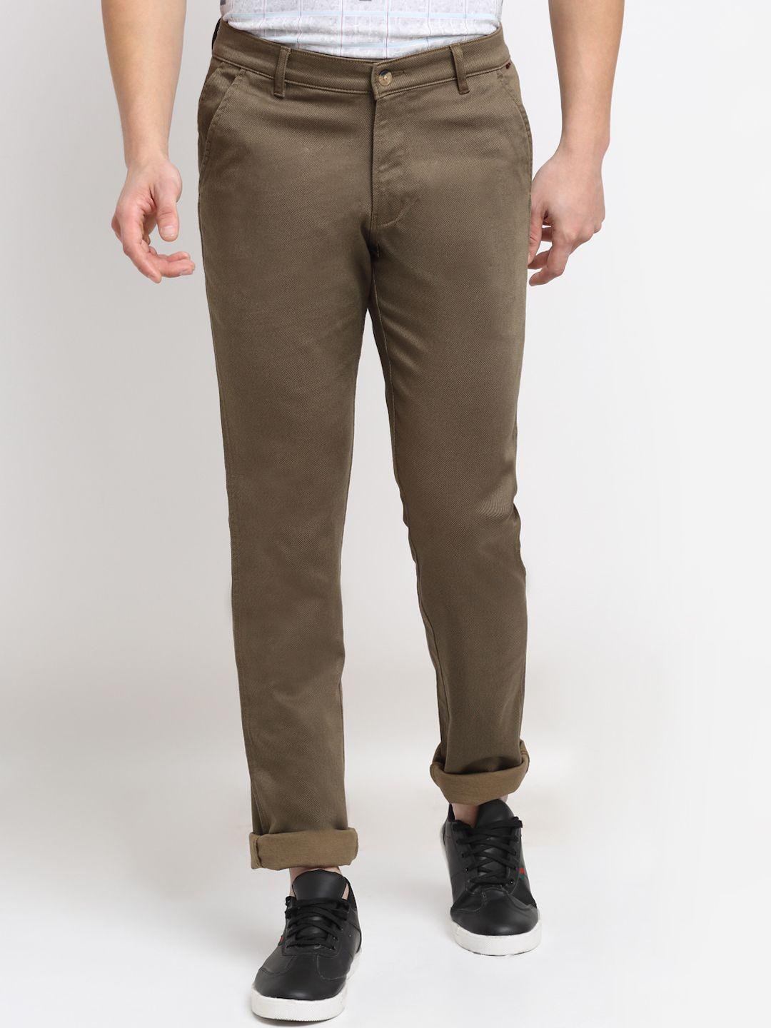 cantabil men khaki textured original pure cotton regular fit trousers