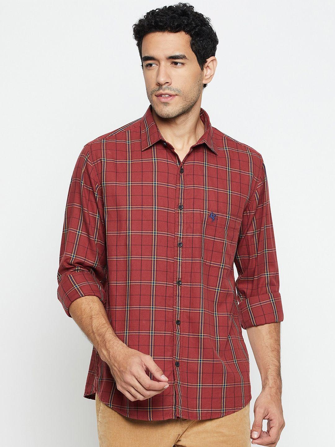 cantabil men maroon comfort opaque checked casual shirt