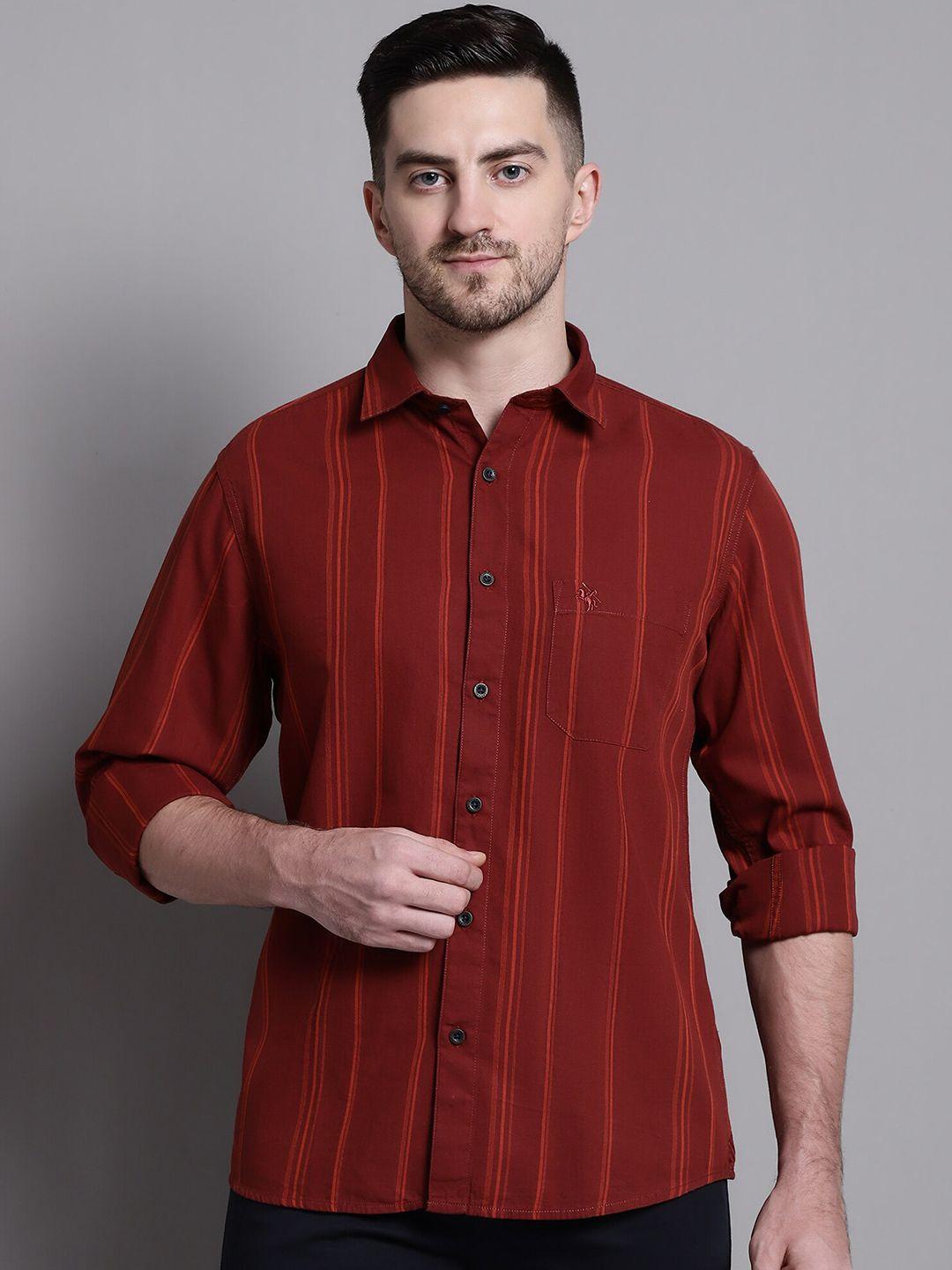 cantabil men maroon opaque striped casual shirt