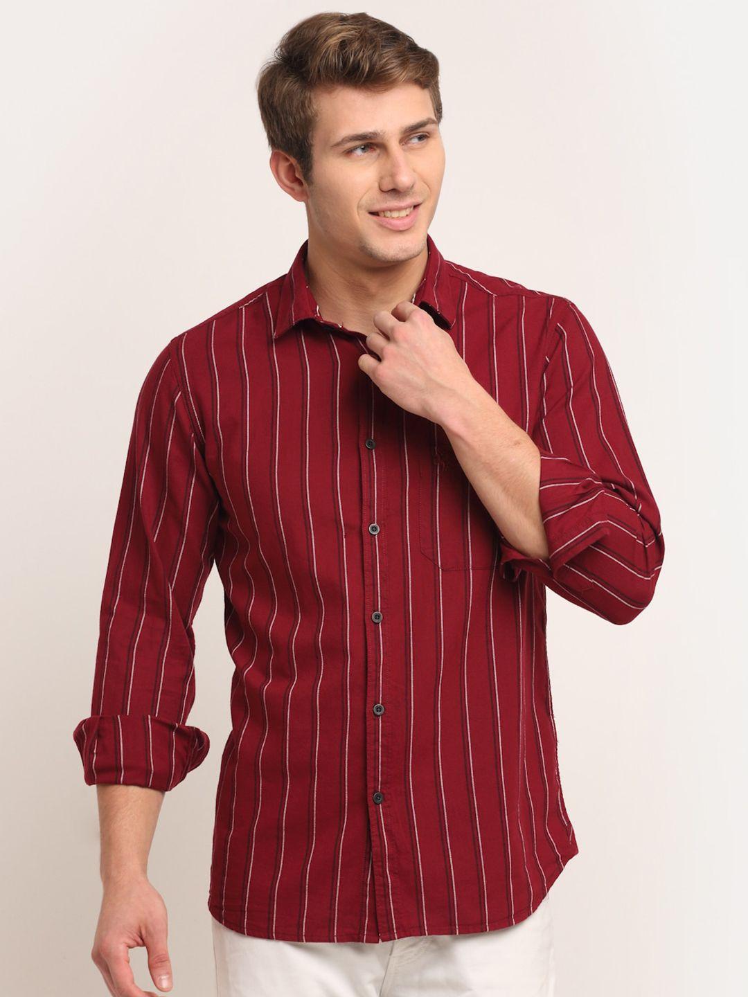 cantabil men maroon striped casual shirt