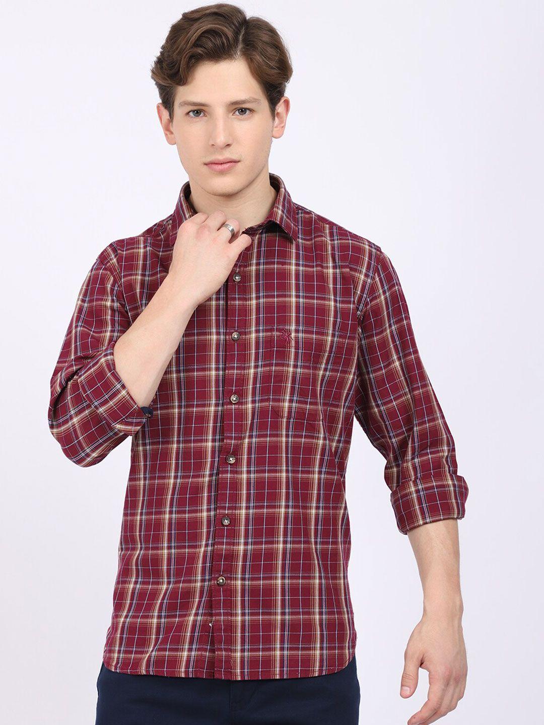 cantabil men maroon tartan checks checked casual shirt