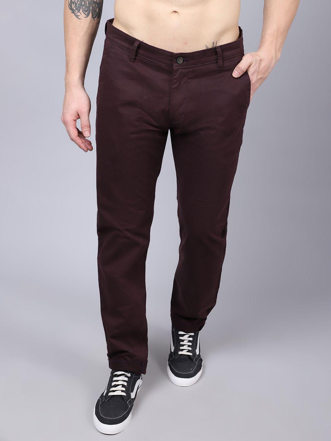 cantabil men maroon wine  solid chinos trousers