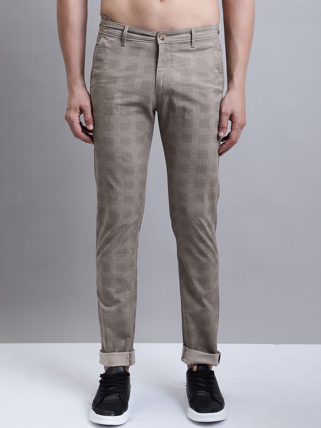 cantabil men mid-rise checked comfort trousers