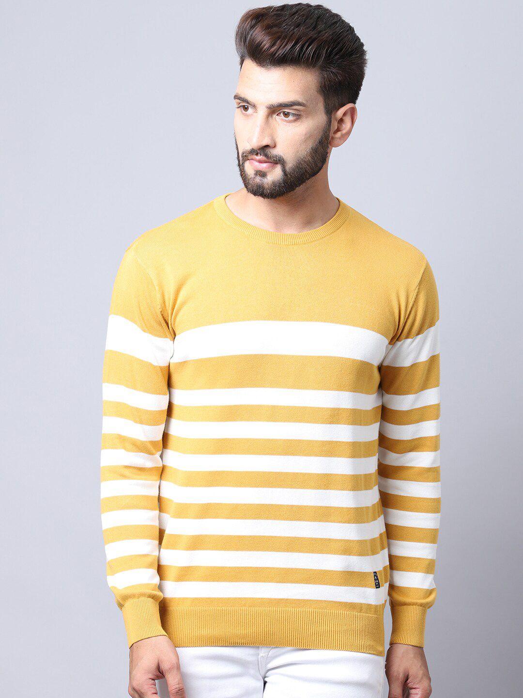 cantabil men mustard & white striped pullover