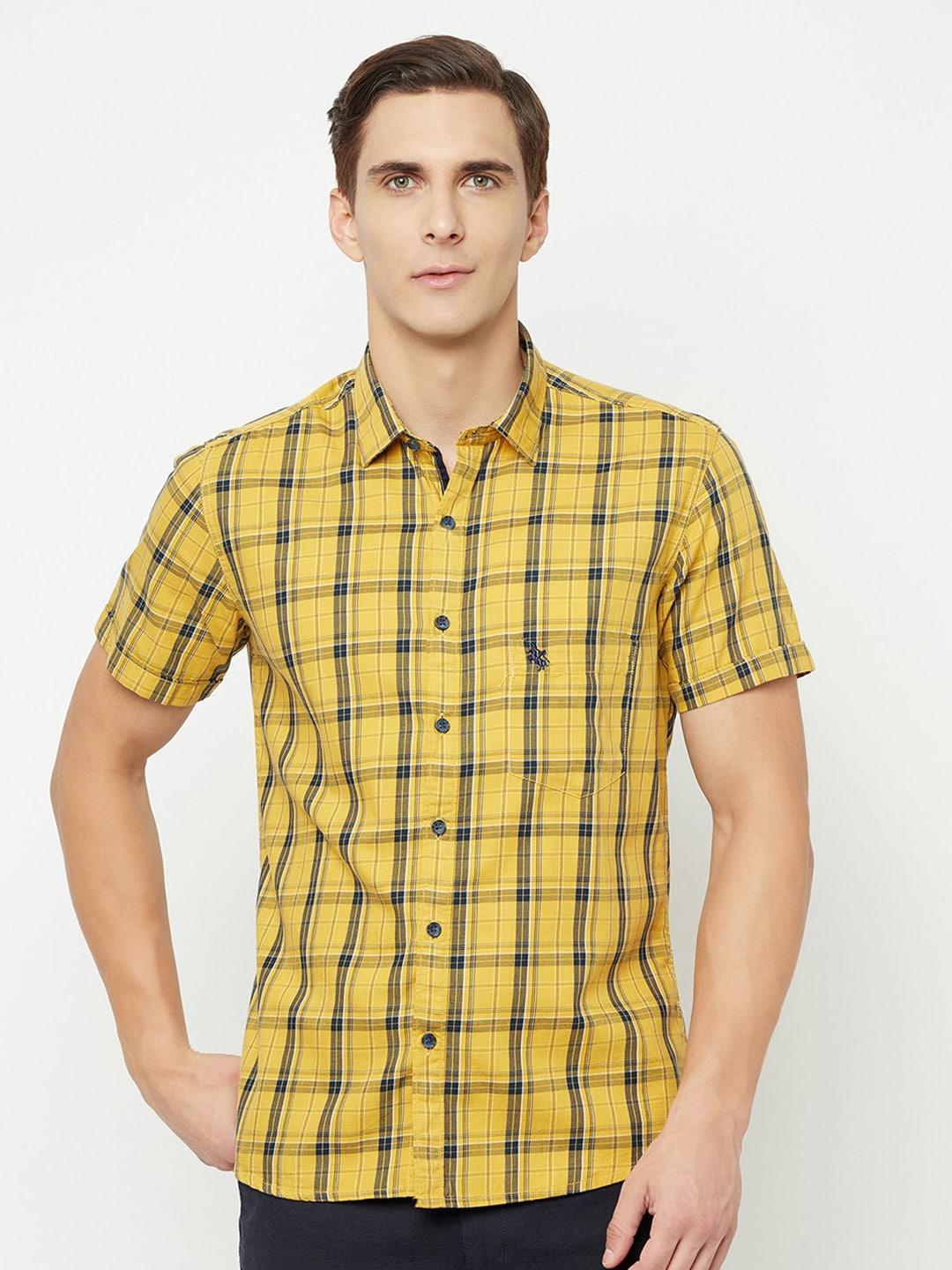 cantabil men mustard yellow checked casual shirt