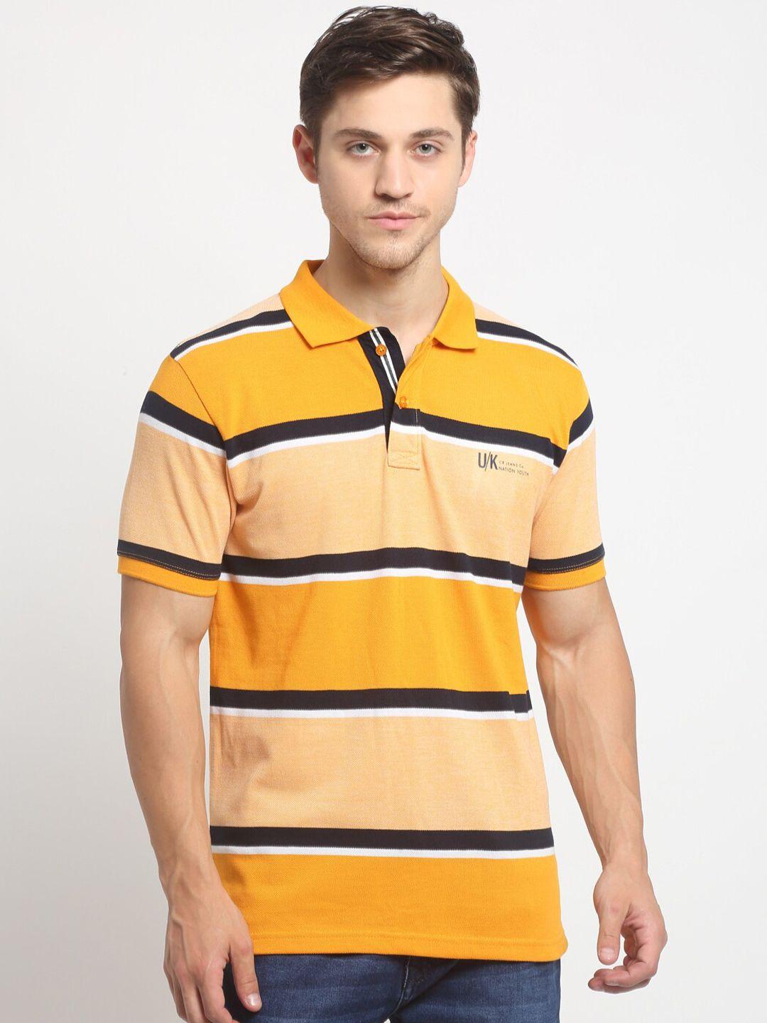 cantabil men mustard yellow striped polo collar slim fit t-shirt
