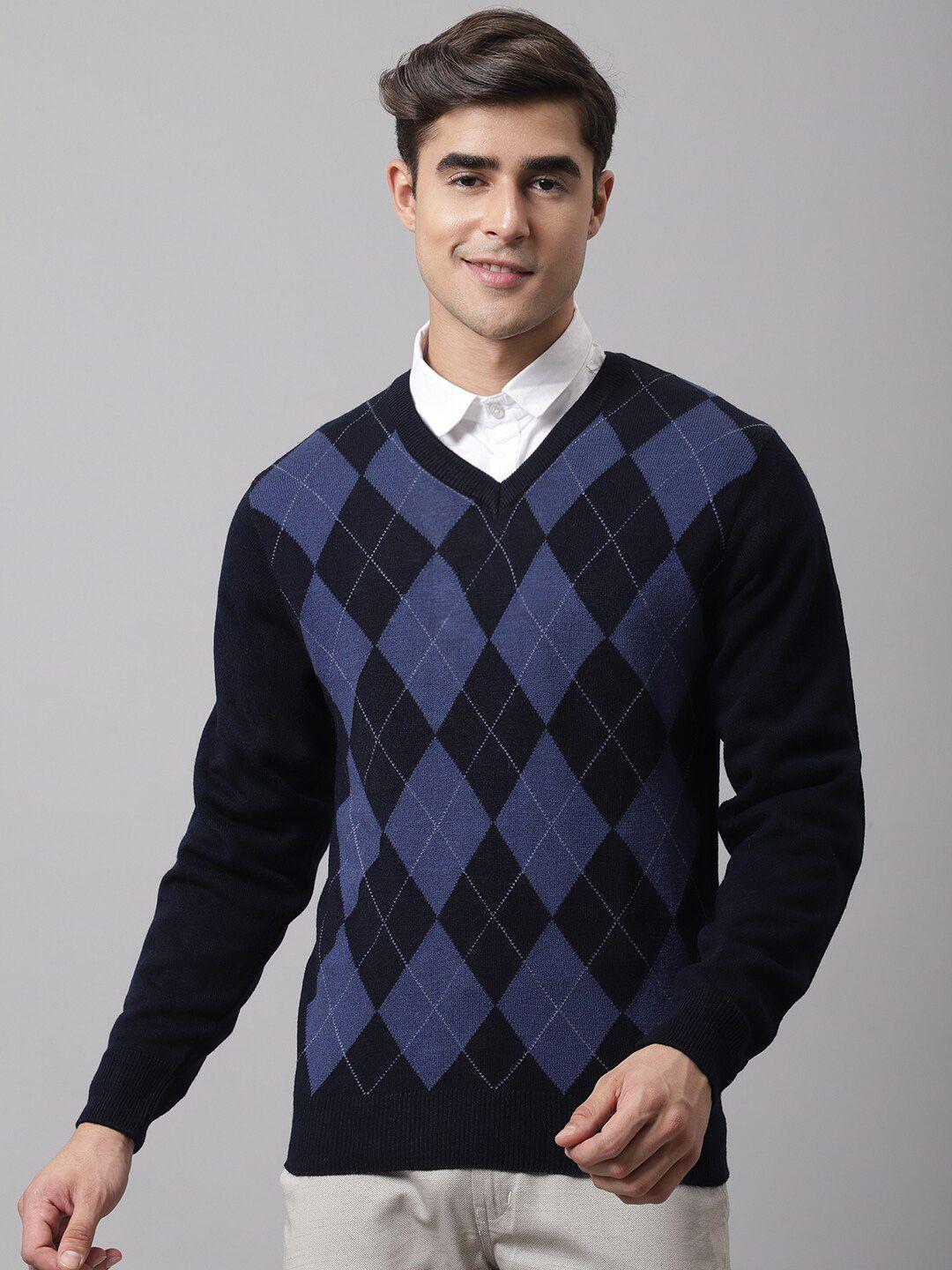 cantabil men navy blue & black geometric printed round neck pullover