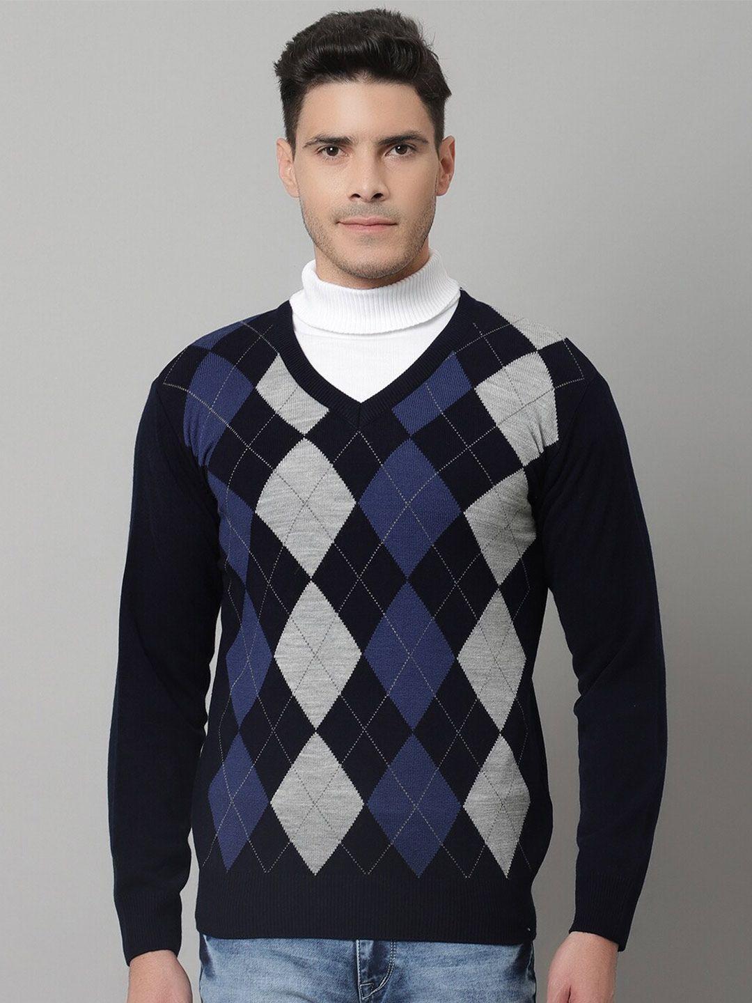 cantabil men navy blue & grey printed wool pullover