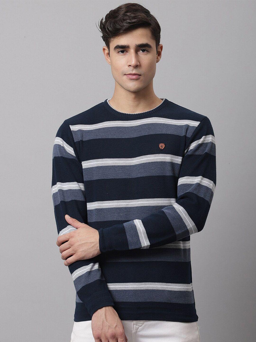 cantabil men navy blue & grey striped pullover