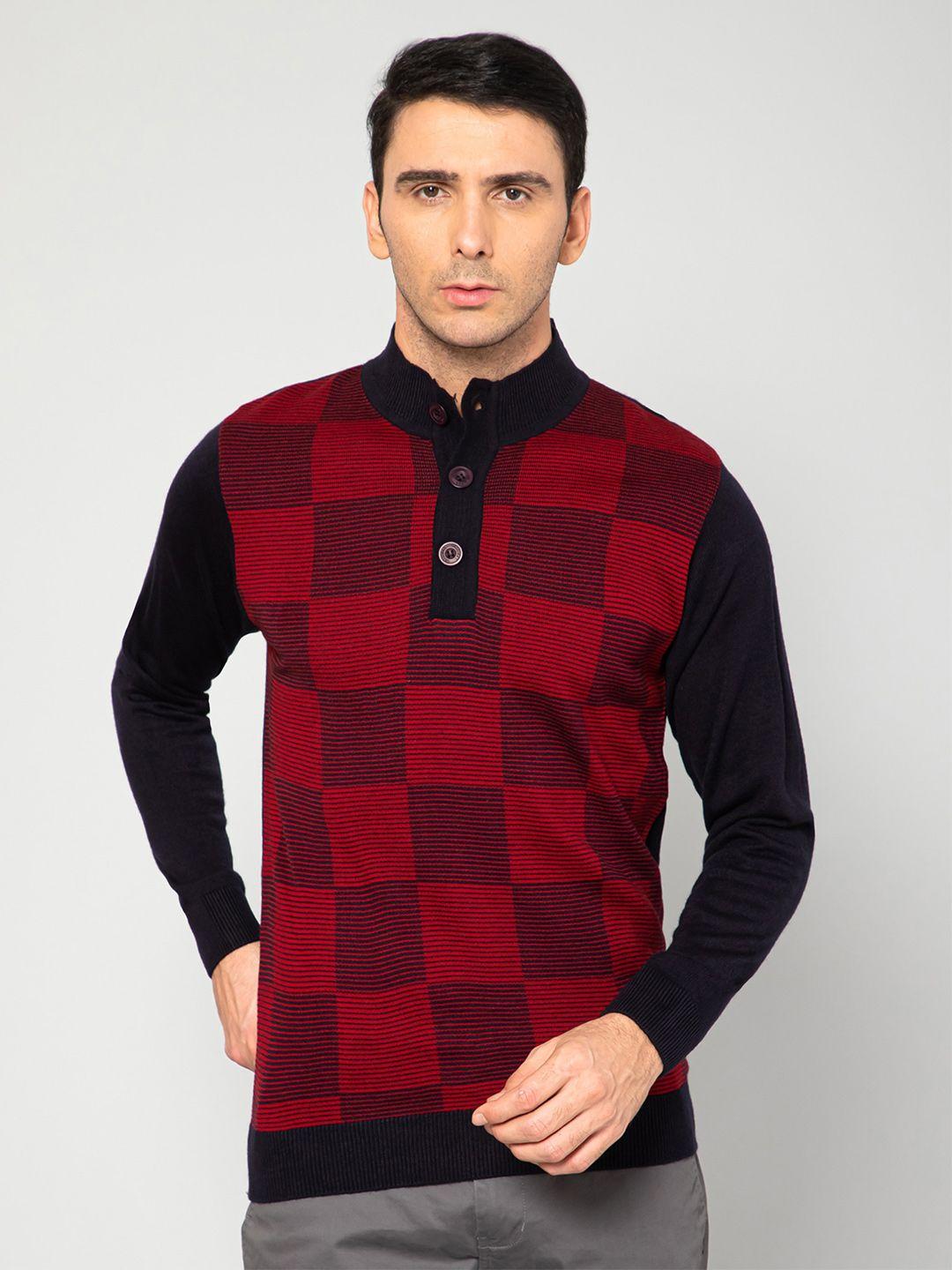 cantabil men navy blue & red printed acrylic pullover