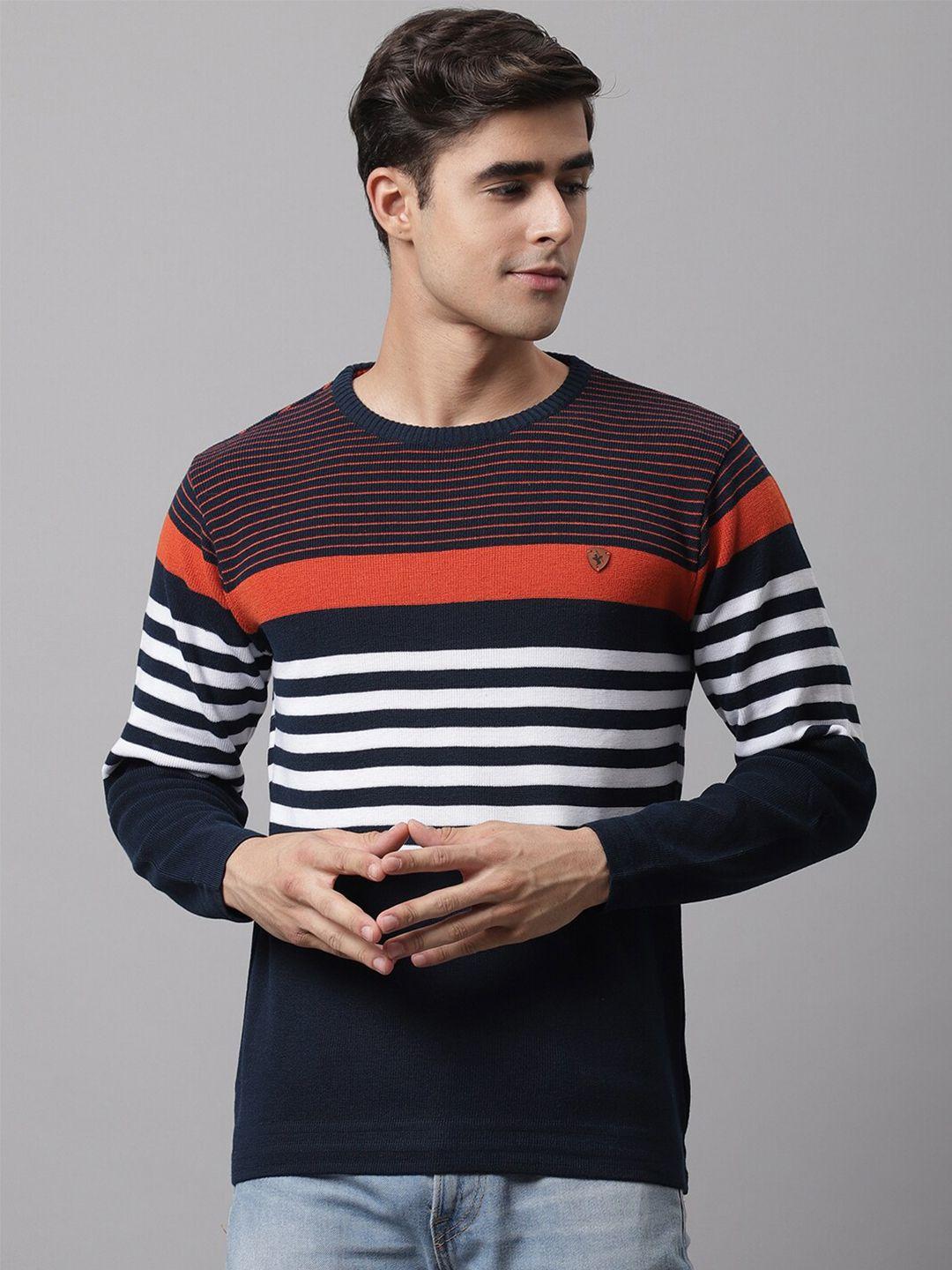 cantabil men navy blue & red striped round neck woolen pullover