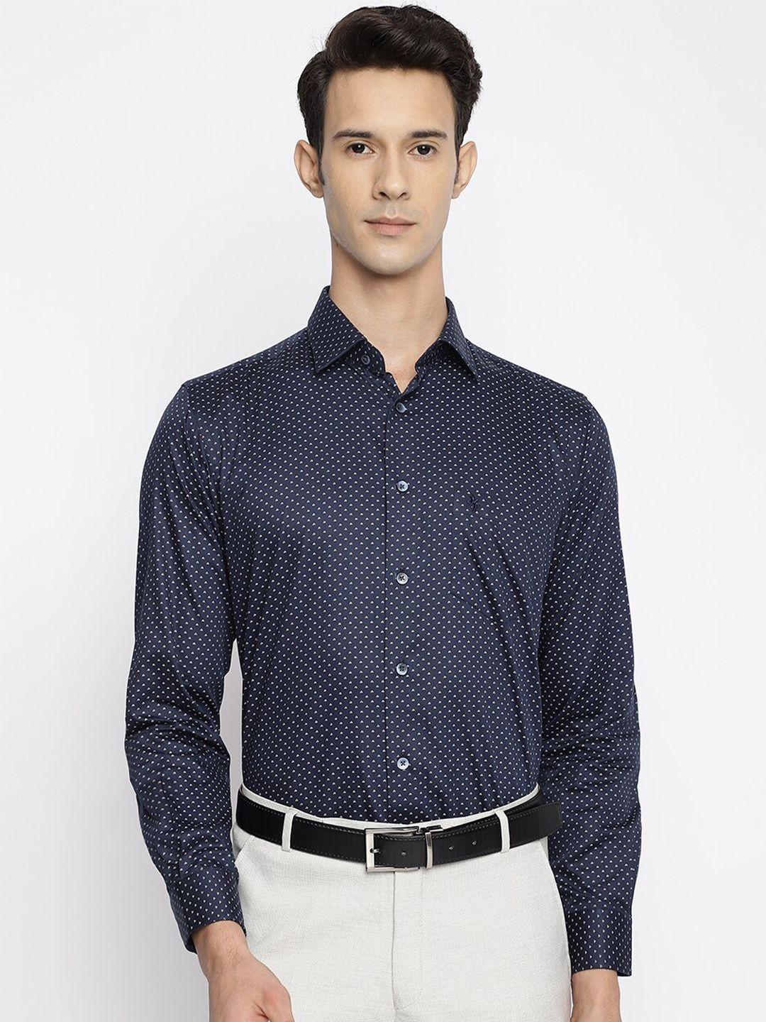 cantabil men navy blue & white printed cotton formal shirt