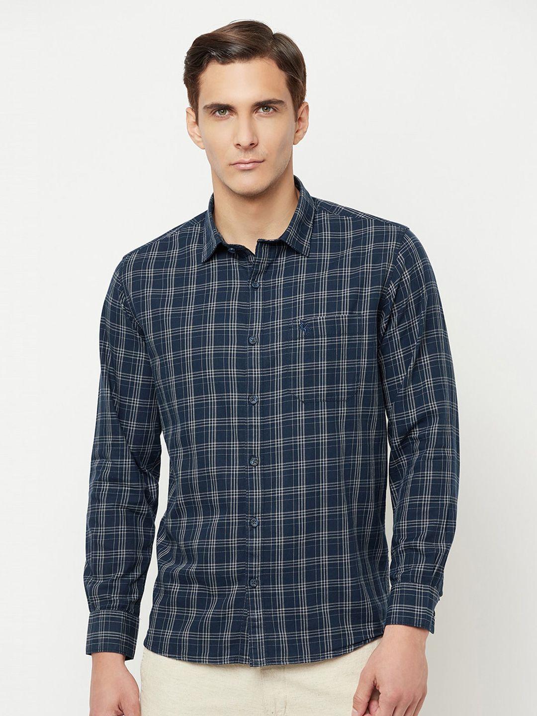 cantabil men navy blue classic checked cotton casual shirt