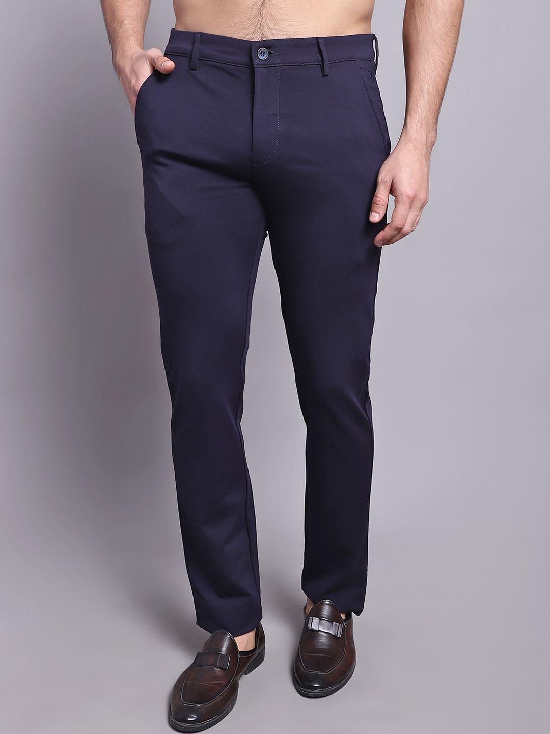 cantabil men navy blue comfort chinos trousers