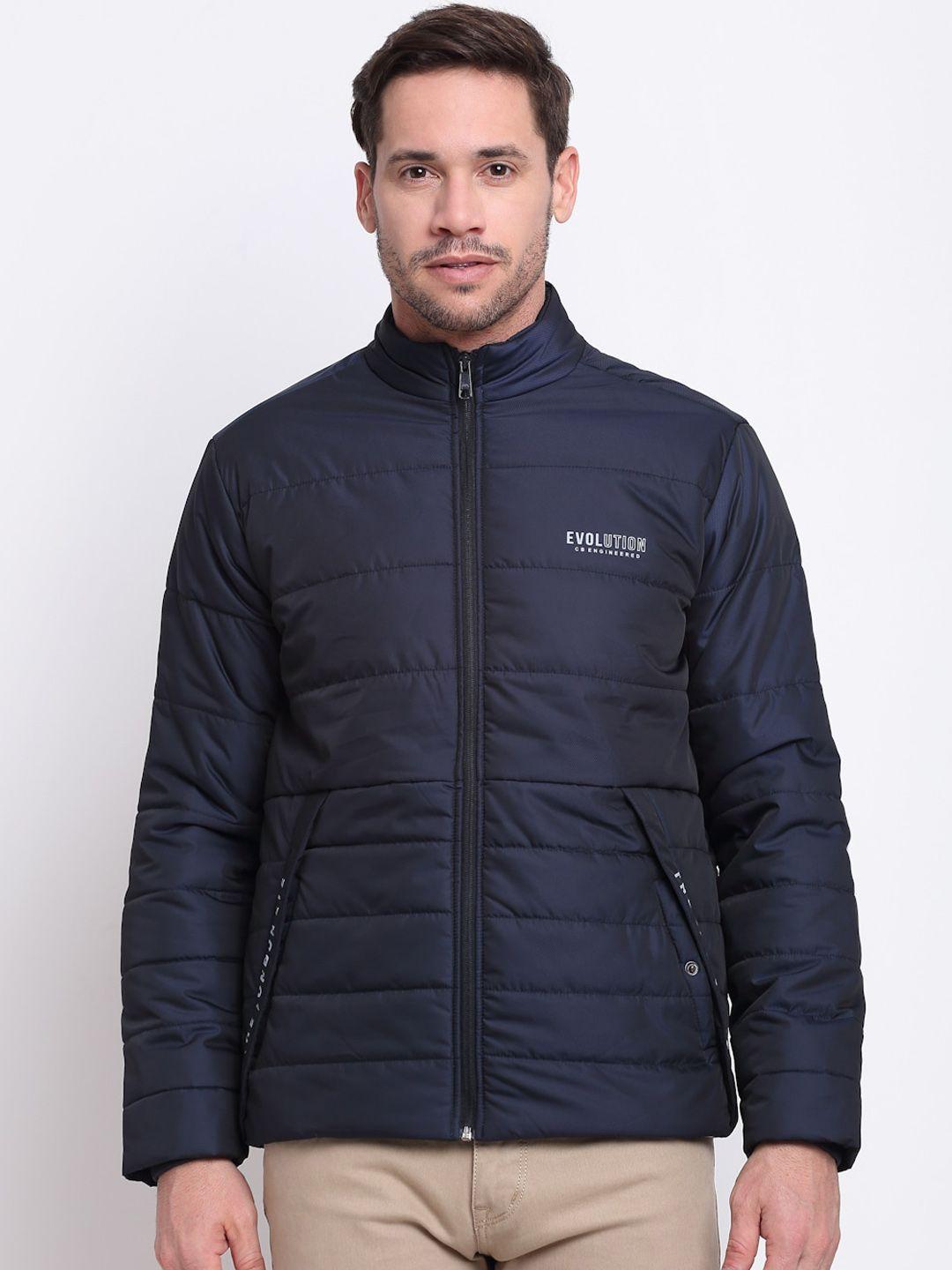 cantabil men navy blue lightweight padded jacket with embroidered