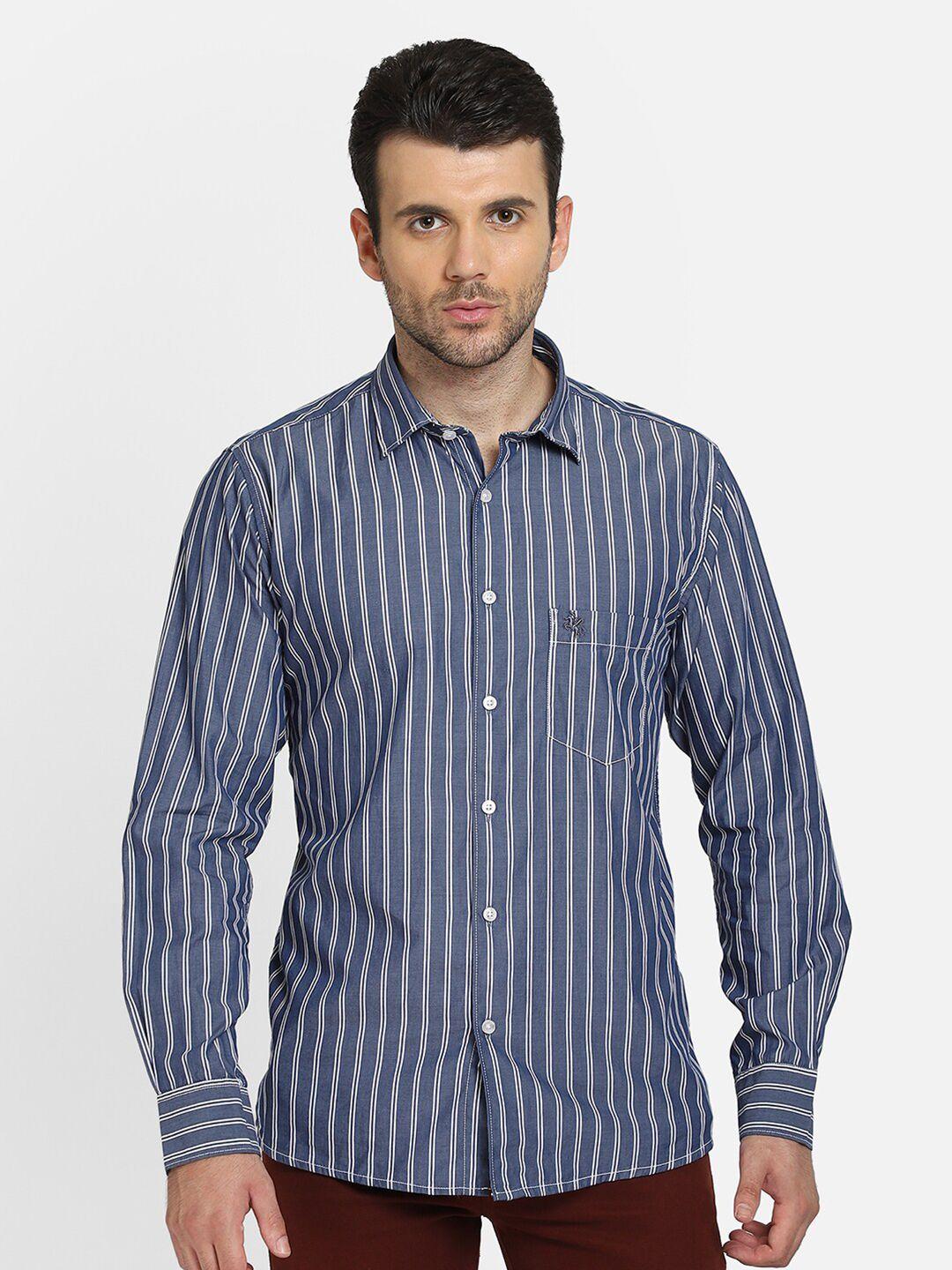 cantabil men navy blue opaque striped pure cotton casual shirt