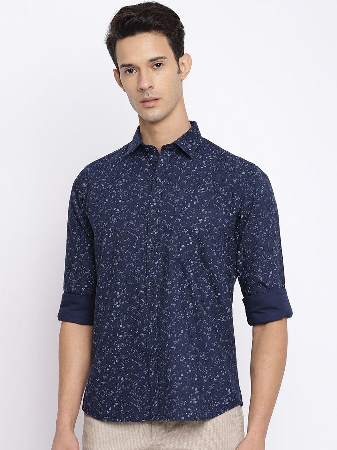 cantabil men navy blue printed cotton casual shirt