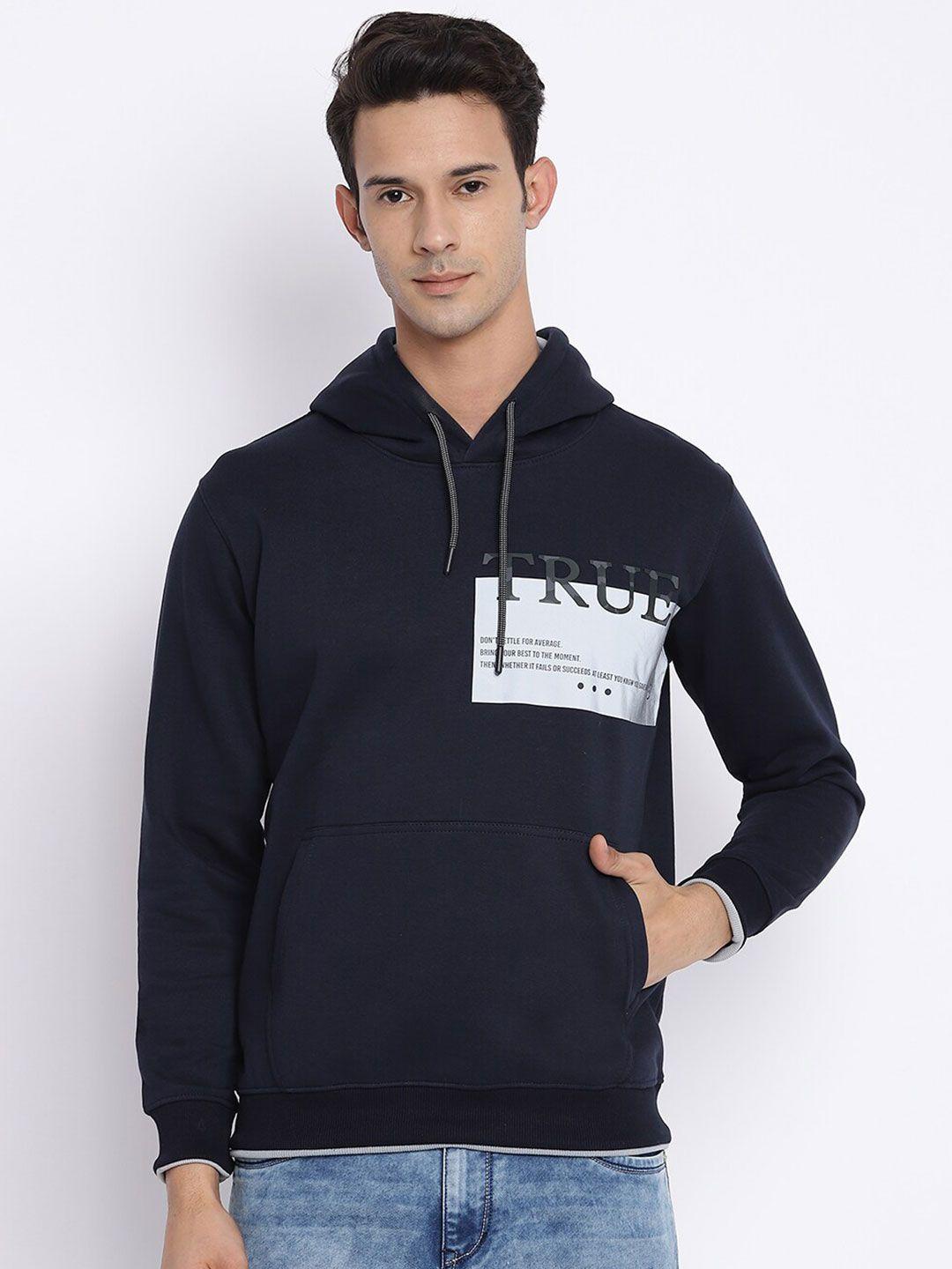 cantabil men navy blue printed hooded wool sweatshirt