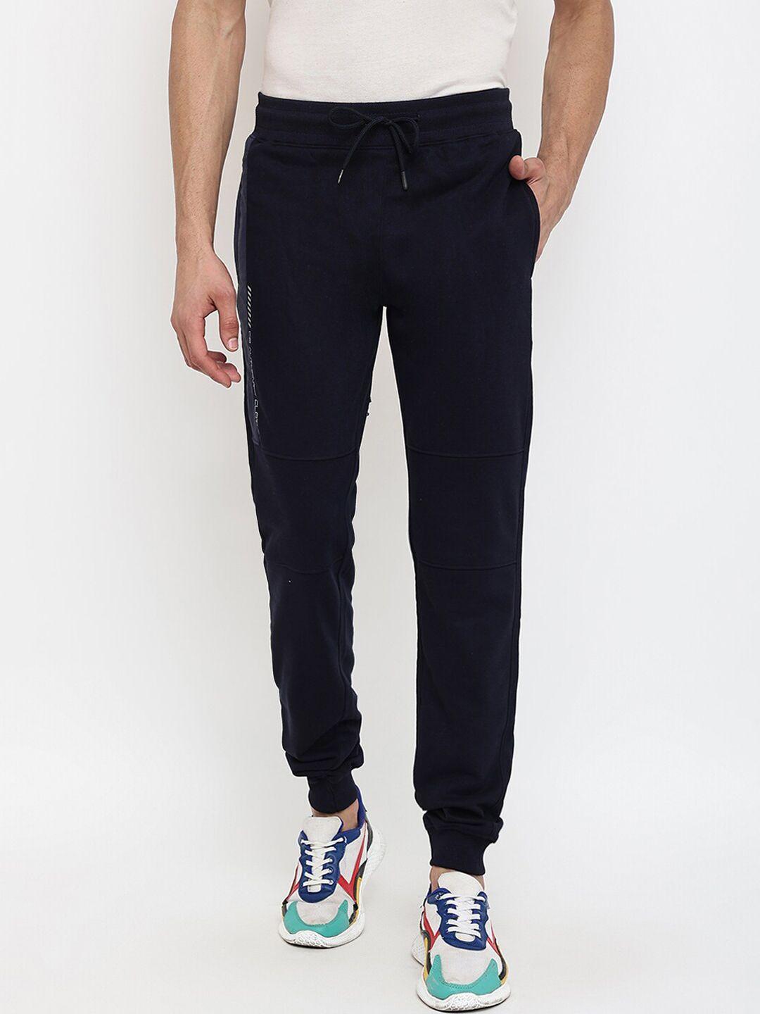 cantabil men navy blue solid cotton regular fit joggers