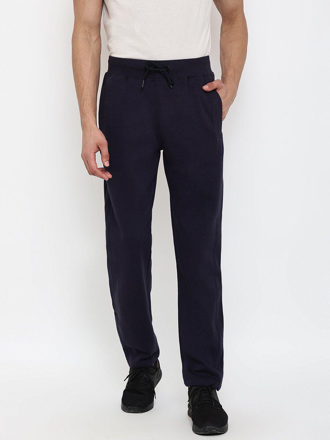 cantabil men navy blue solid cotton regular fit track pants