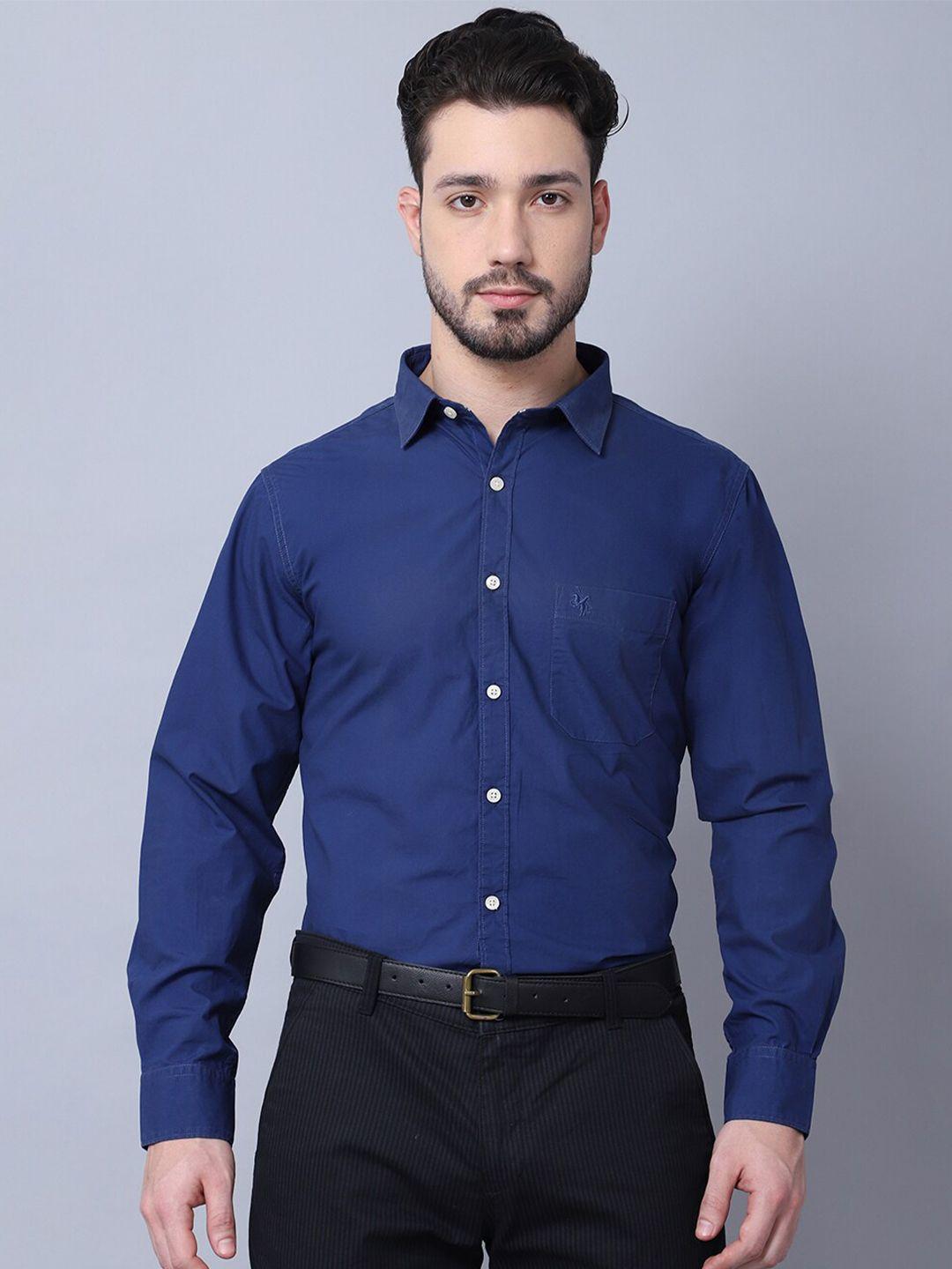 cantabil men navy blue solid regular fit casual shirt