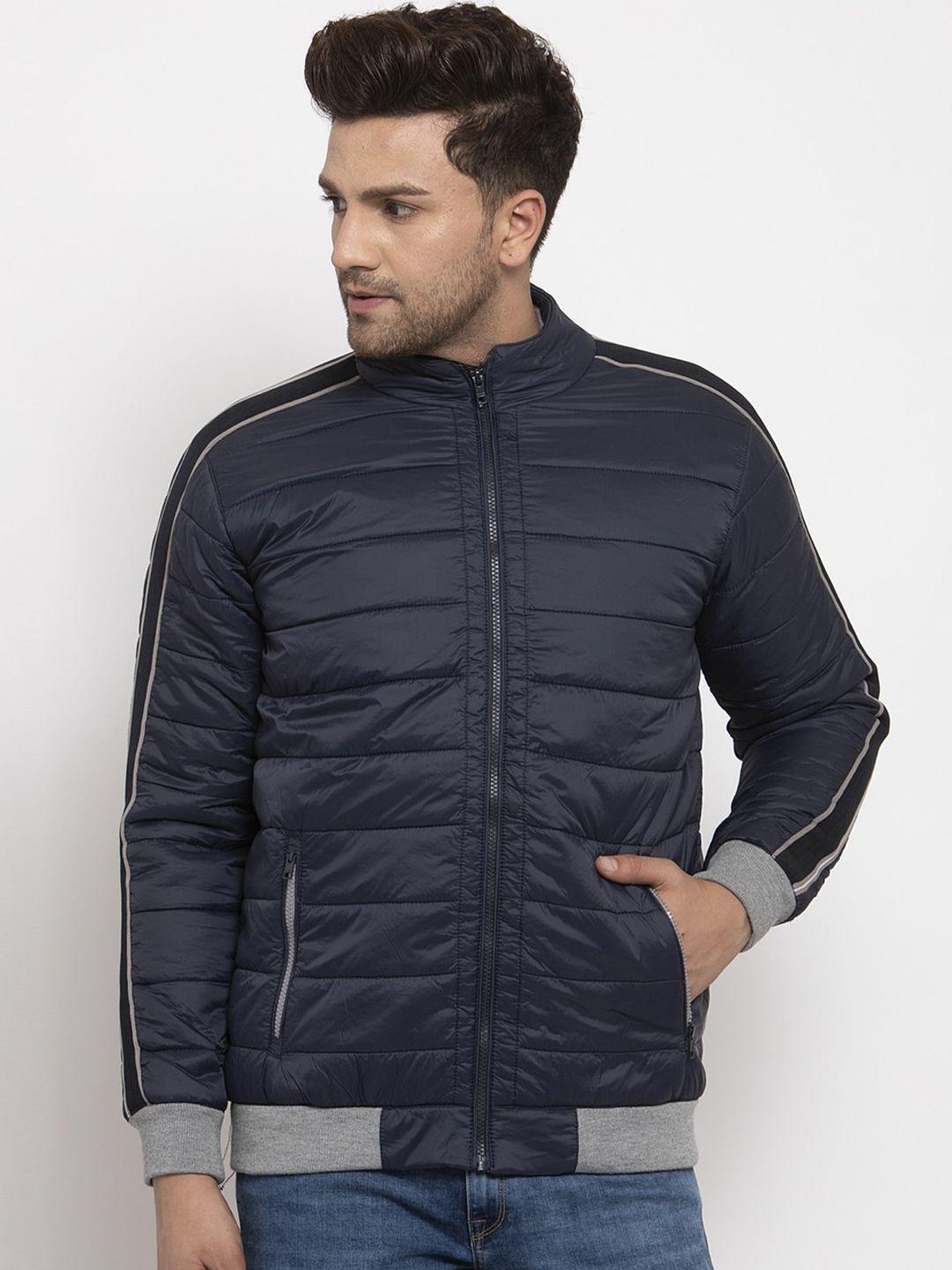 cantabil men navy blue striped windcheater quilted jacket