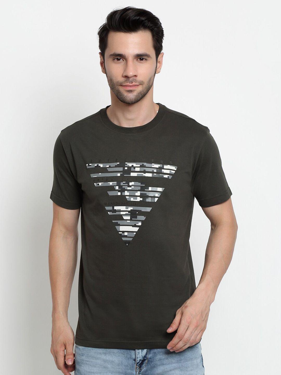 cantabil men olive brown printed cotton t-shirt