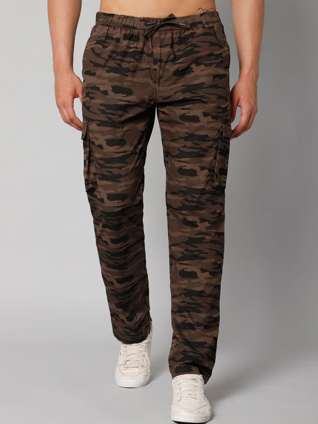 cantabil men olive-coloured camouflage printed cotton track pants