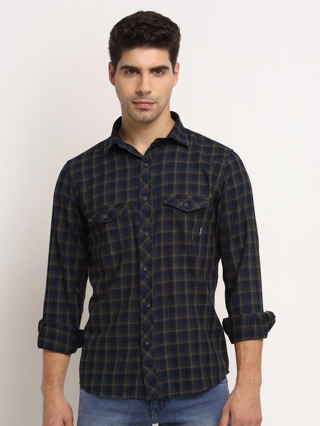 cantabil men olive green & navy blue checked cotton casual shirt