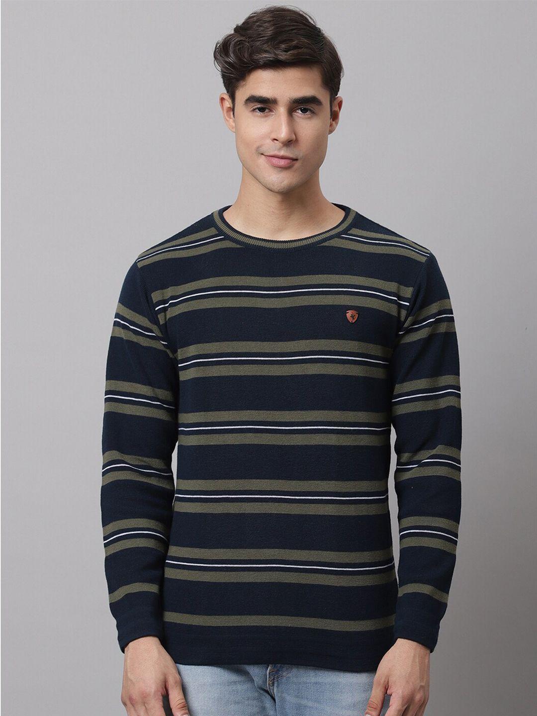 cantabil men olive green & navy blue striped striped pullover