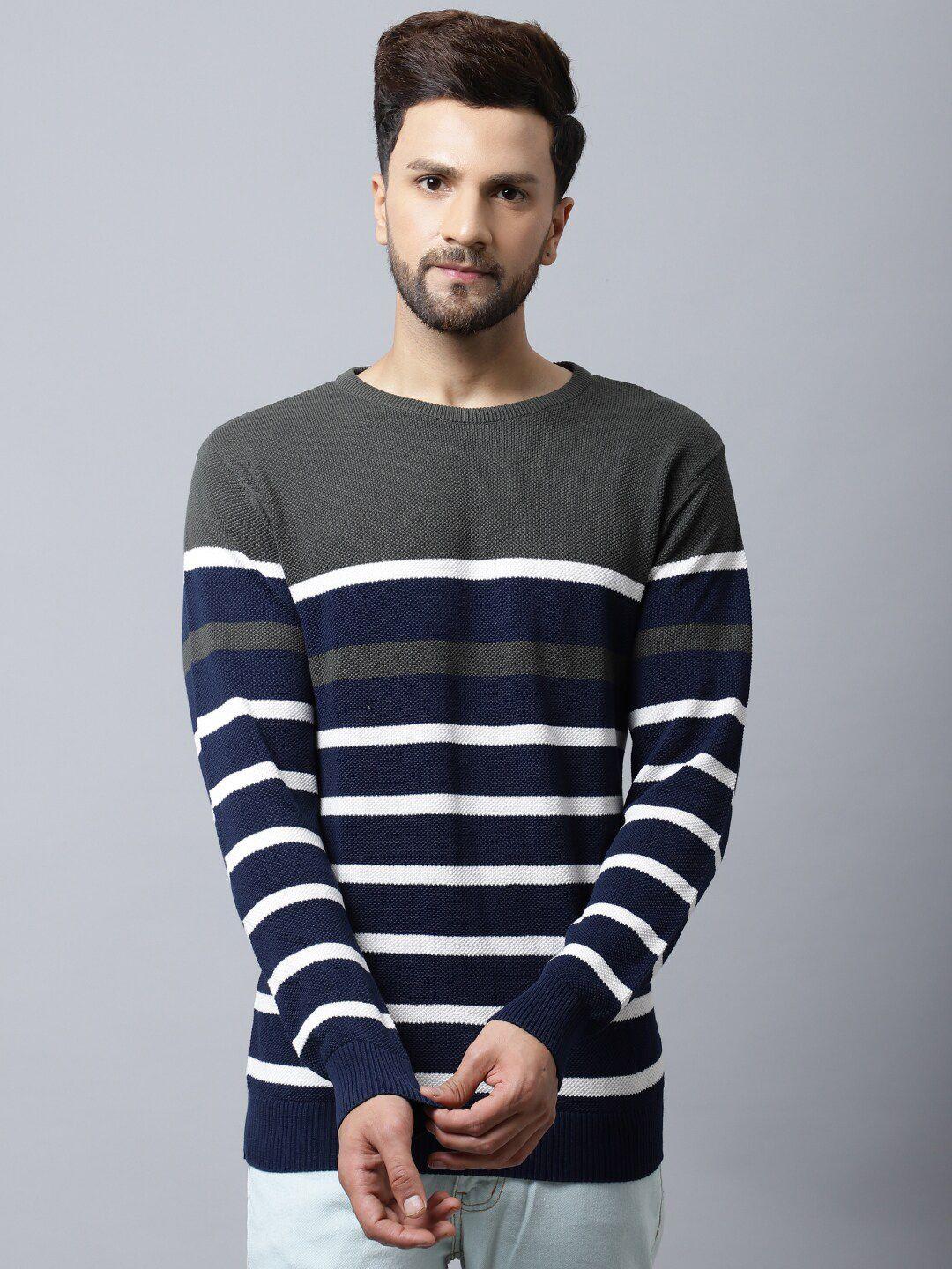 cantabil men olive green & white striped striped pullover