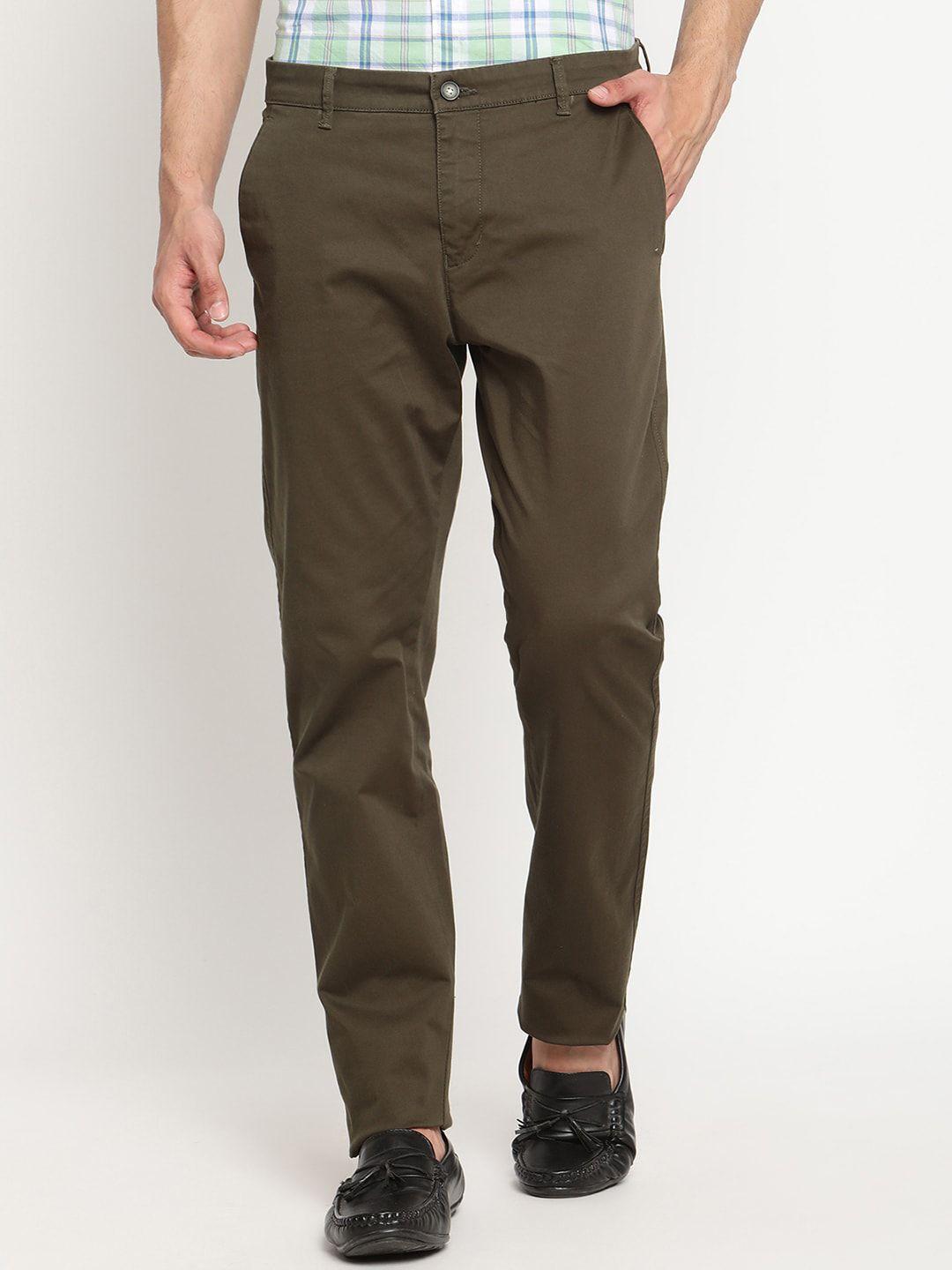 cantabil men olive green original mid-rise casual trousers