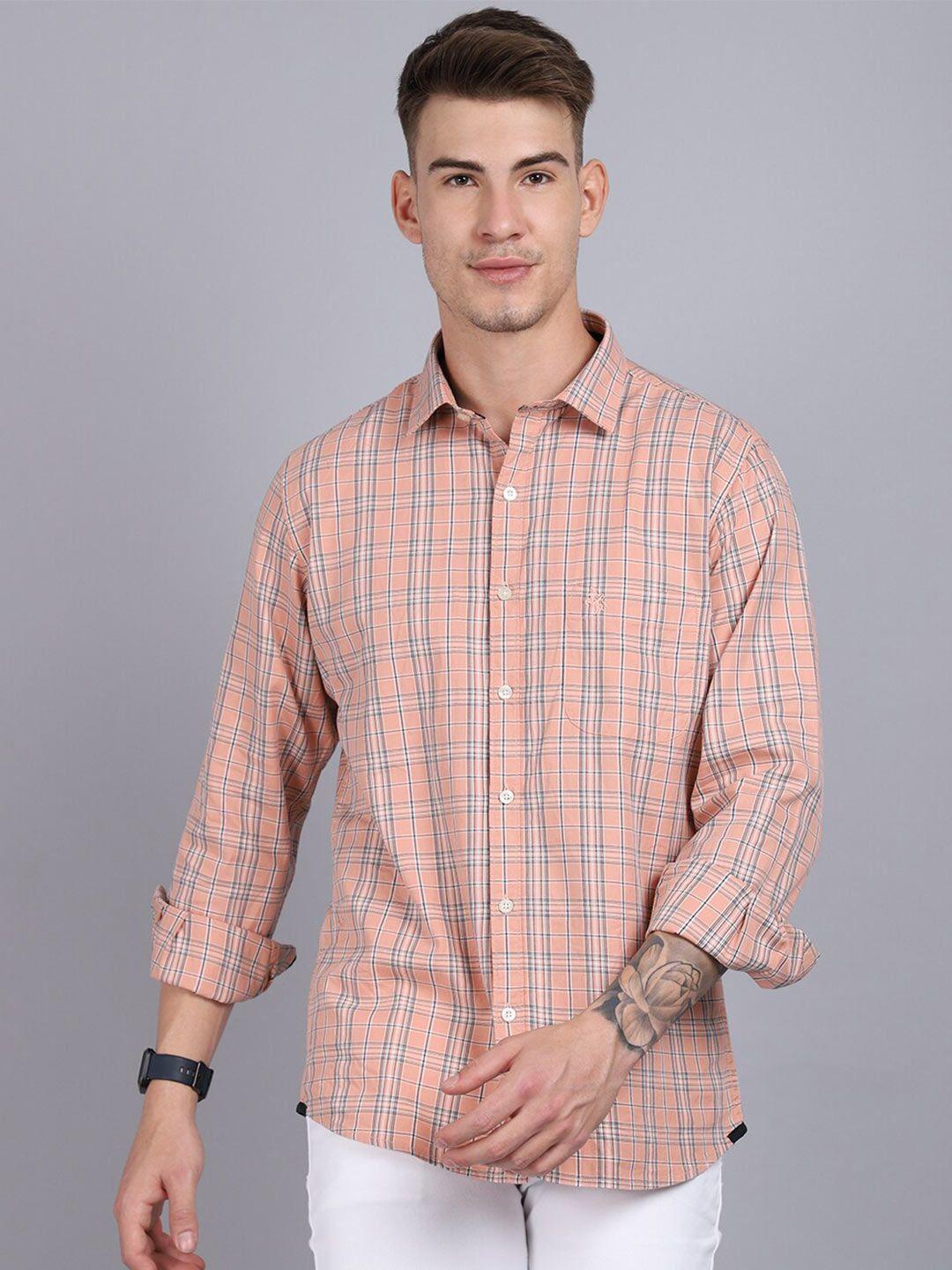 cantabil men peach-coloured regular checked cotton casual shirt