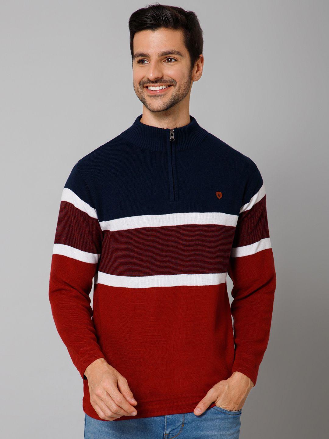 cantabil men red & black striped pullover