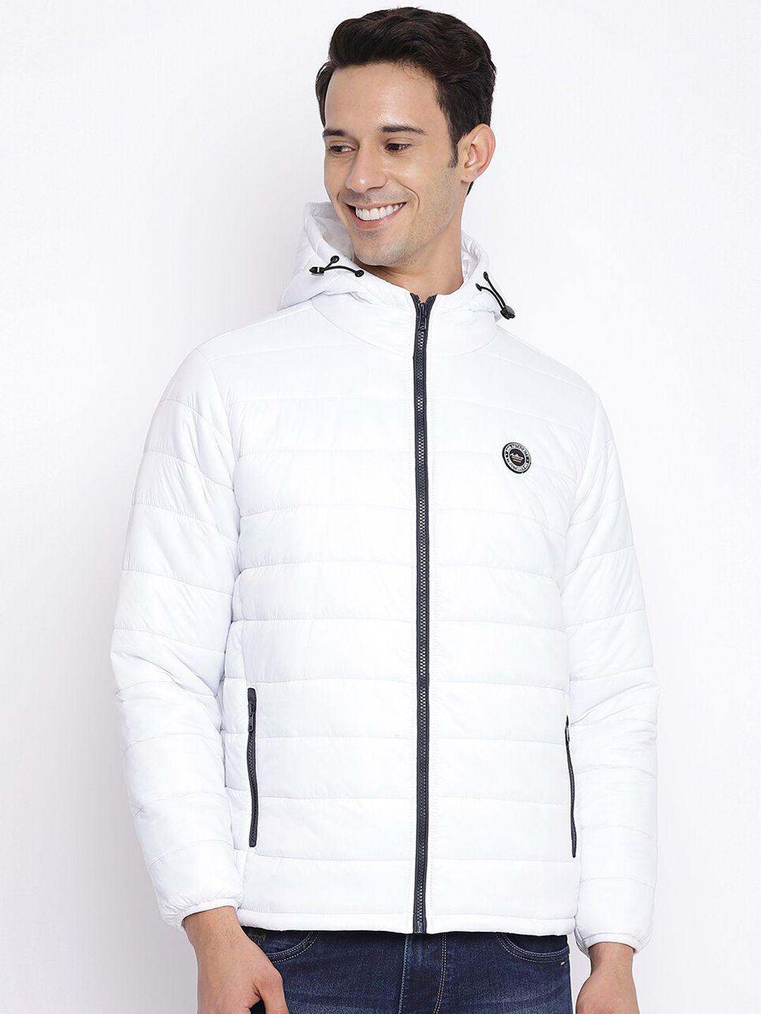 cantabil men white solid hooded puffer jacket