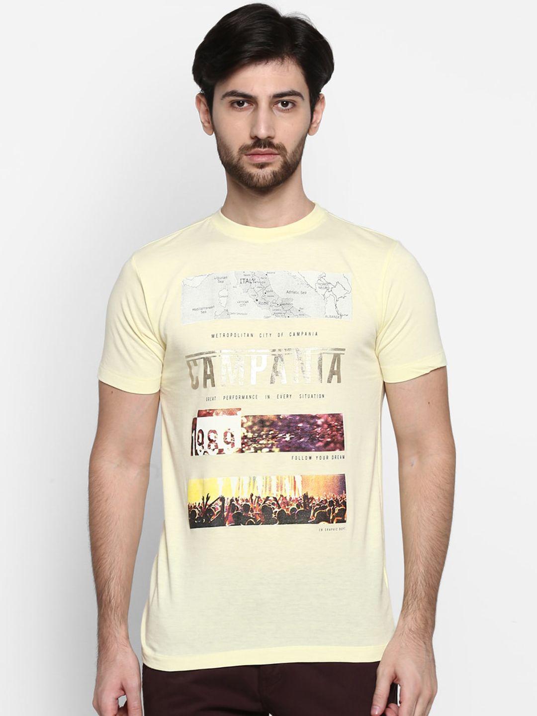 cantabil men yellow printed round neck t-shirt