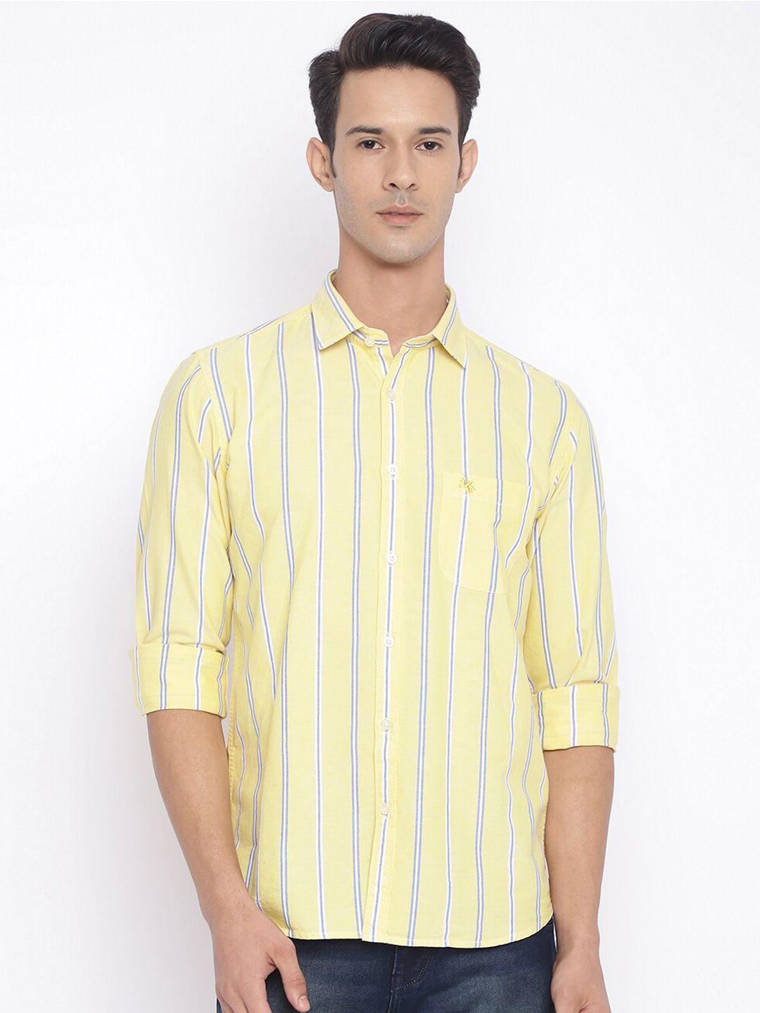 cantabil men yellow striped cotton casual shirt