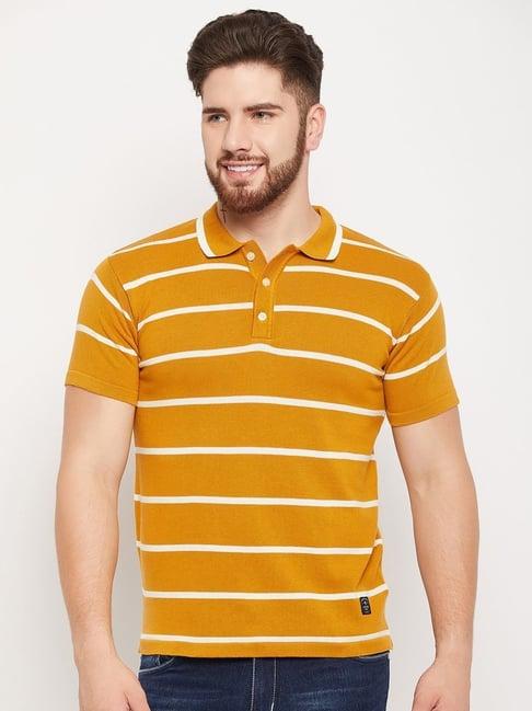 cantabil mustard cotton regular fit striped polo t-shirt