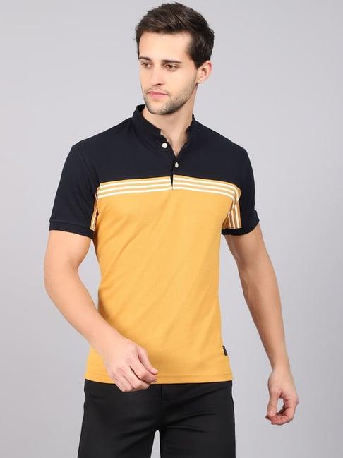 cantabil mustard cotton regular fit striped polo t-shirt