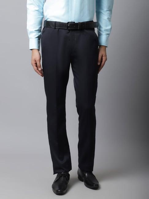 cantabil navy blue cotton regular fit trousers