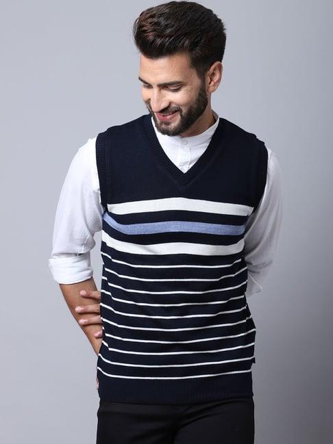 cantabil navy blue regular fit striped sweater