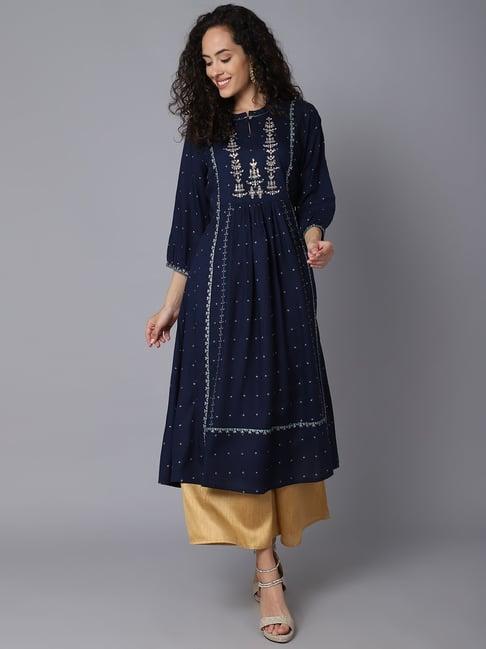 cantabil navy embroidered a line kurta