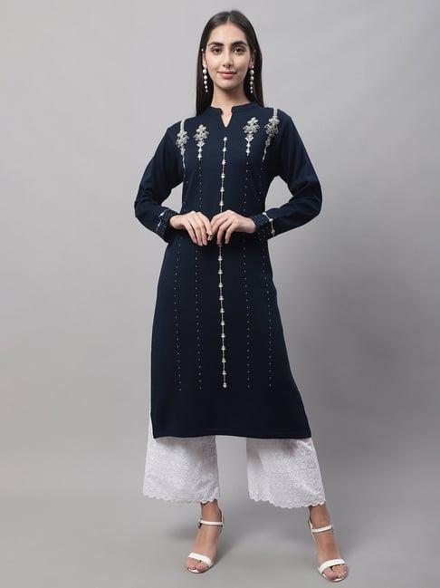 cantabil navy embroidered straight kurta