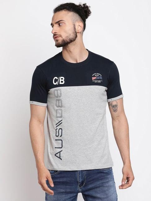 cantabil navy regular fit colour block t-shirt