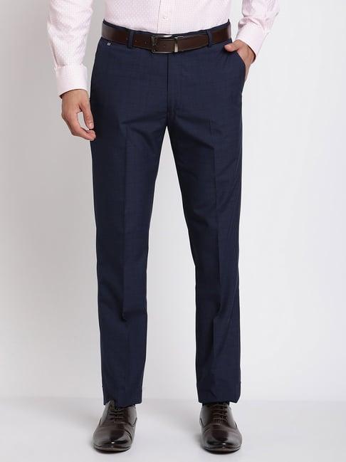 cantabil navy regular fit self pattern flat front trousers