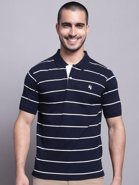 cantabil navy regular fit striped polo t-shirt
